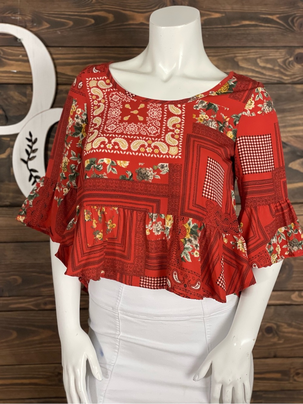 Peach Royal Red Floral Patchwork Ruffle Peplum Blouse Handkerchief Boho Small